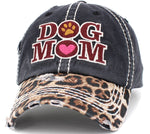 Dog Mom Leopard Washed Vintage Ballcap- Blk