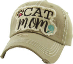 Cat Mom Washed Vintage Ball Cap- Beige