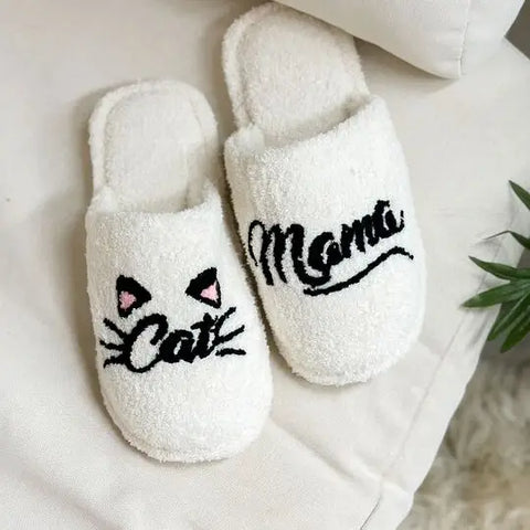 "CAT MOM" Embroidered Fuzzy Slippers